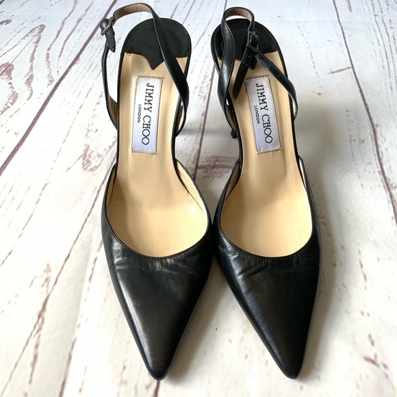 Jimmy Choo Shoes - Jimmy Choo Black Leather Sling Back Heels 37.5/7.5